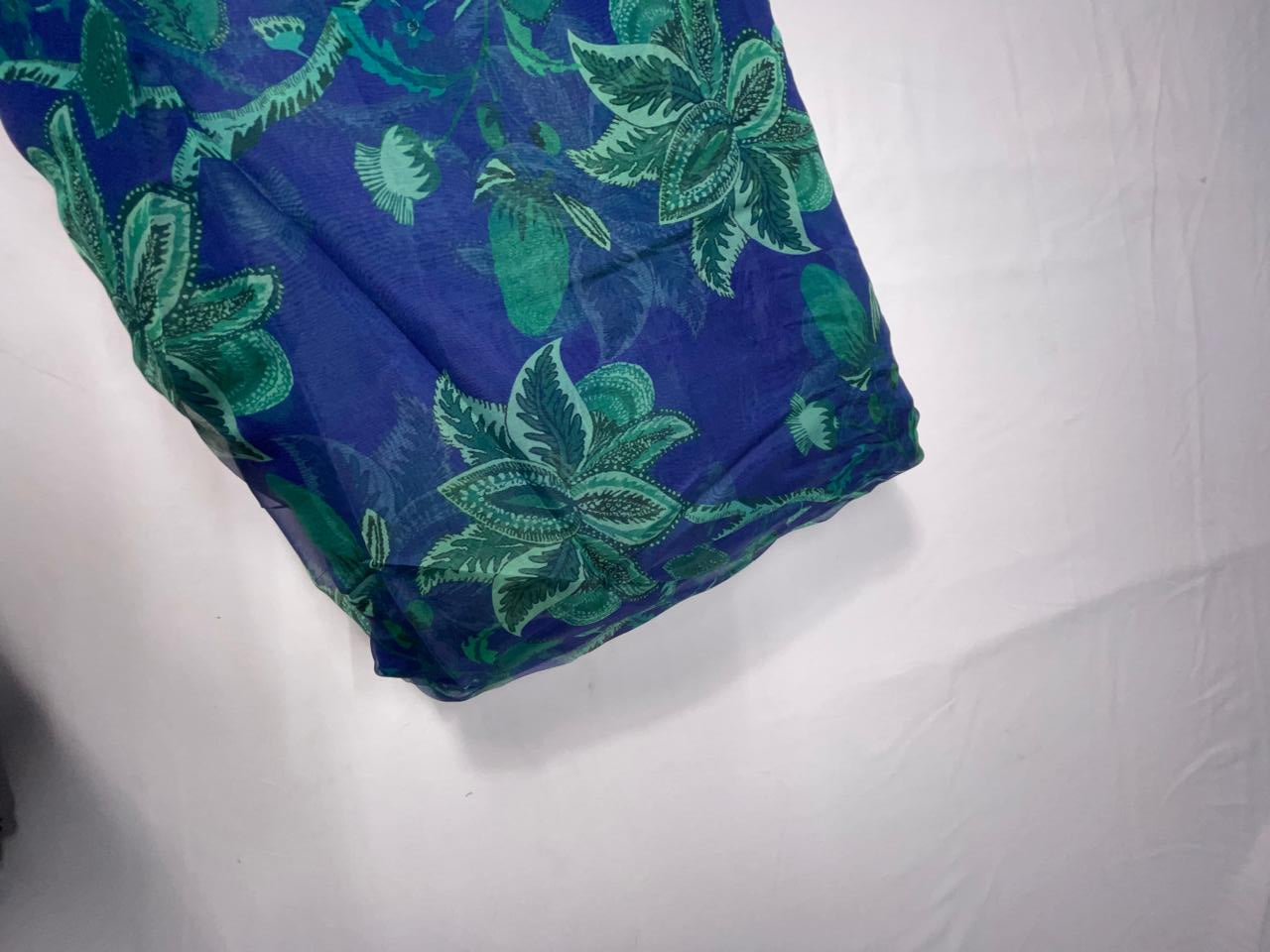 Navy Blue Green Floral Viscose Organza Fabric KTEX