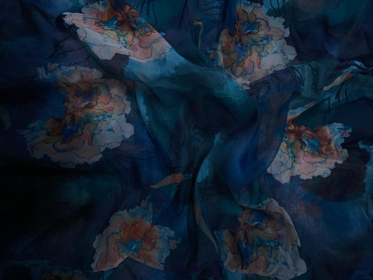 Blue Multicolor Floral Viscose Organza Fabric KTEX