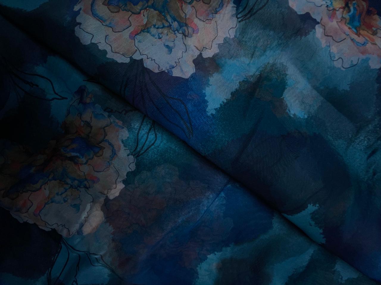 Blue Multicolor Floral Viscose Organza Fabric KTEX
