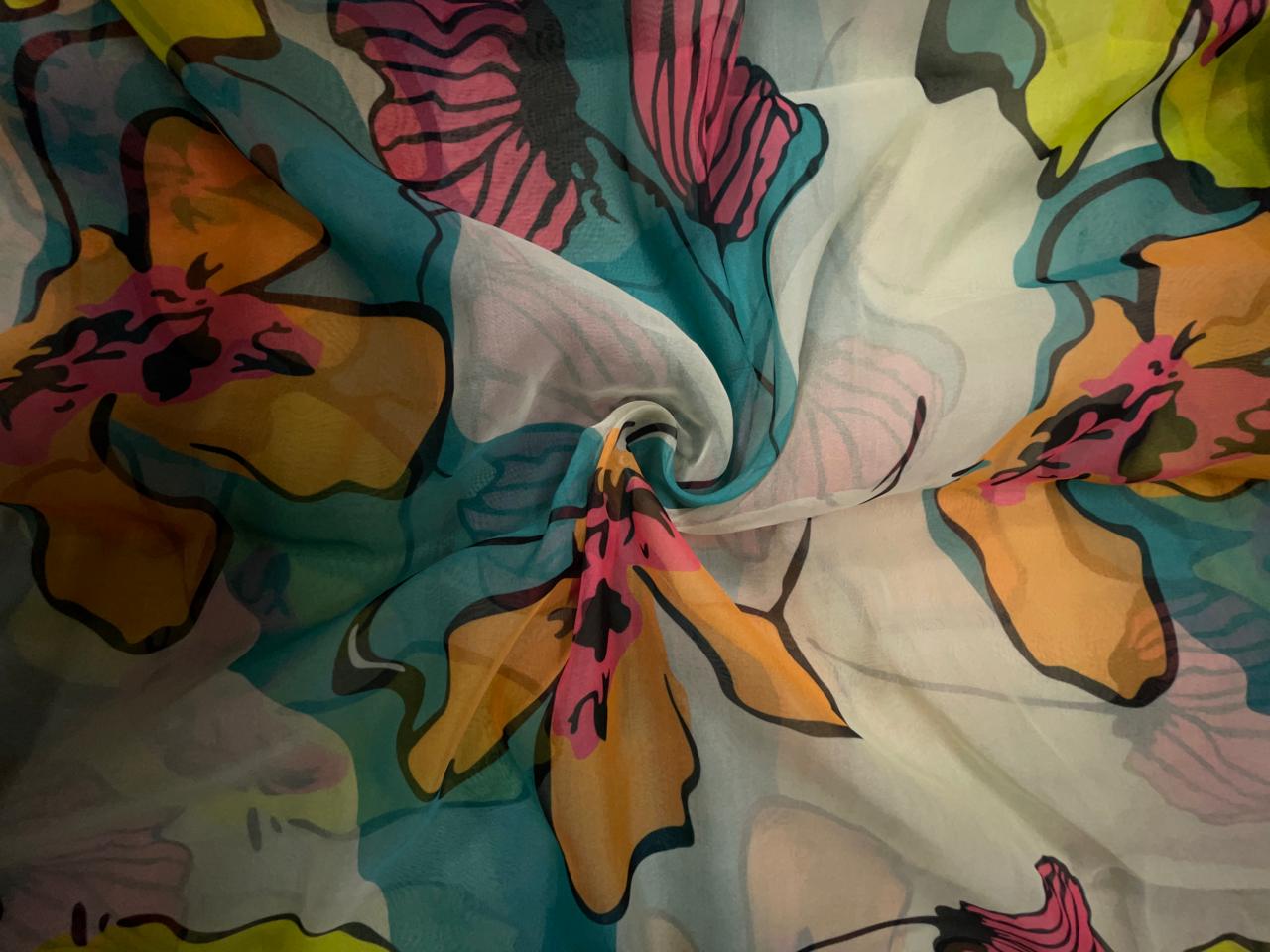 Cream Multicolor Floral Viscose Organza Fabric KTEX
