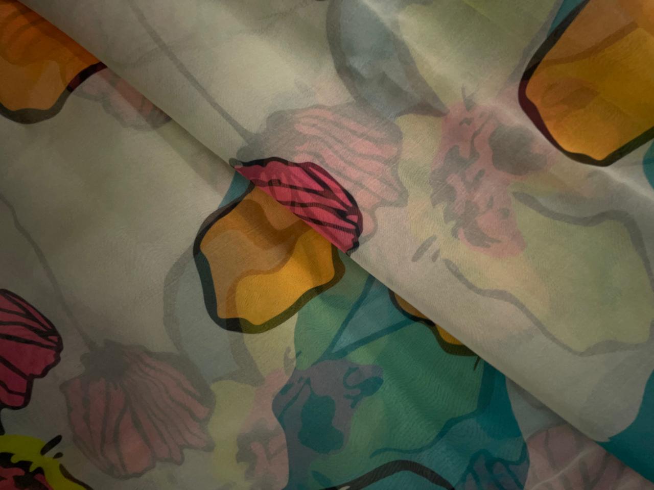 Cream Multicolor Floral Viscose Organza Fabric KTEX