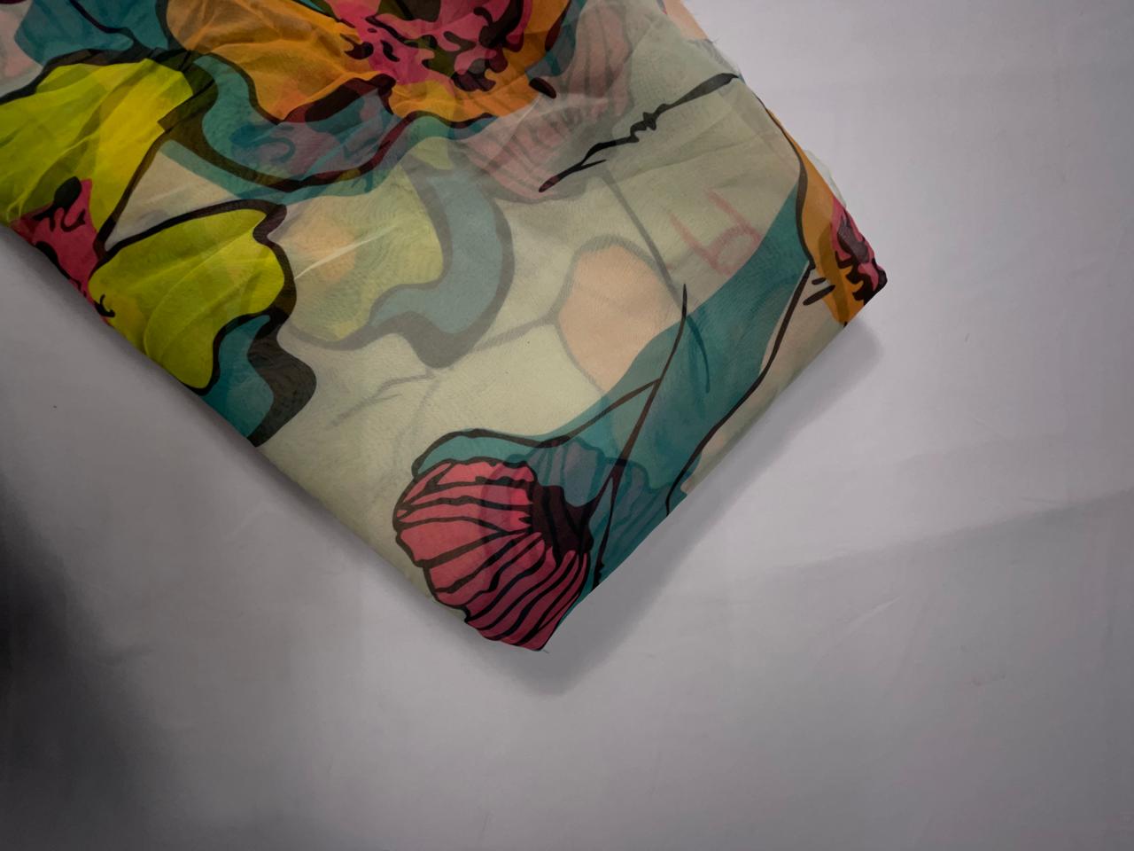 Cream Multicolor Floral Viscose Organza Fabric KTEX