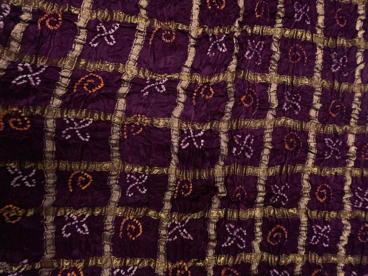 Dark Purple Checks Pure Bandhani Dupatta Fabric KTEX