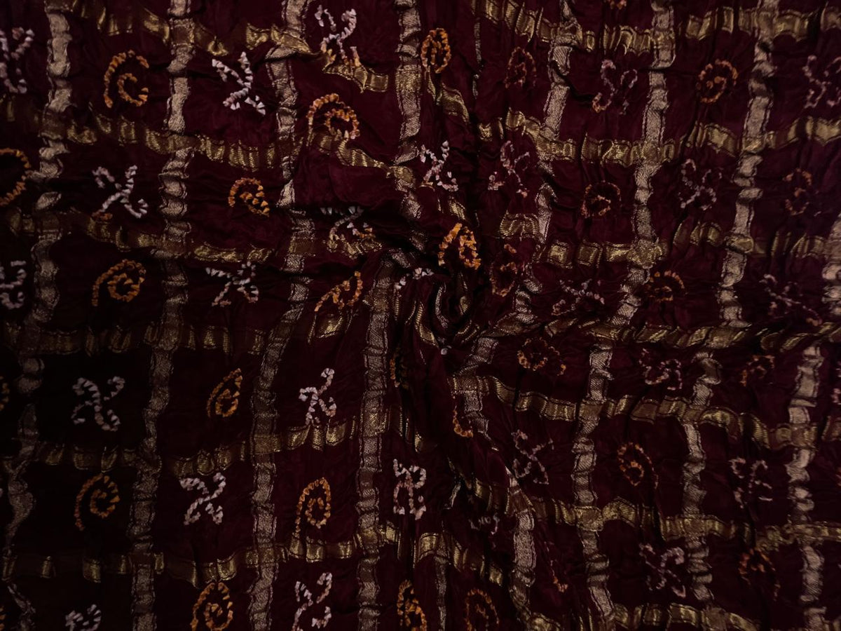 Dark Maroon Checks Pure Bandhani Dupatta Fabric KTEX