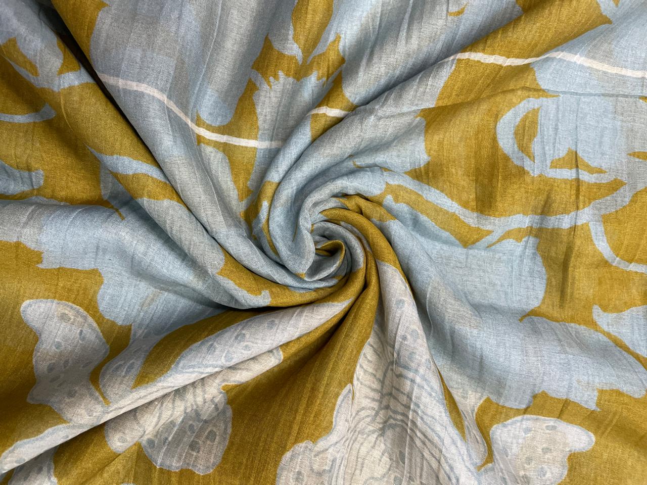 Mustard Grey Floral Pure Chanderi Fabric KTEX