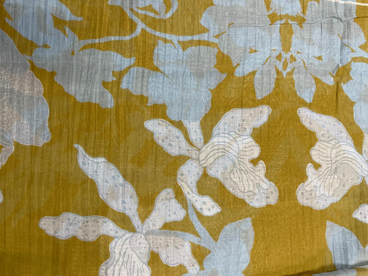 Mustard Grey Floral Pure Chanderi Fabric KTEX