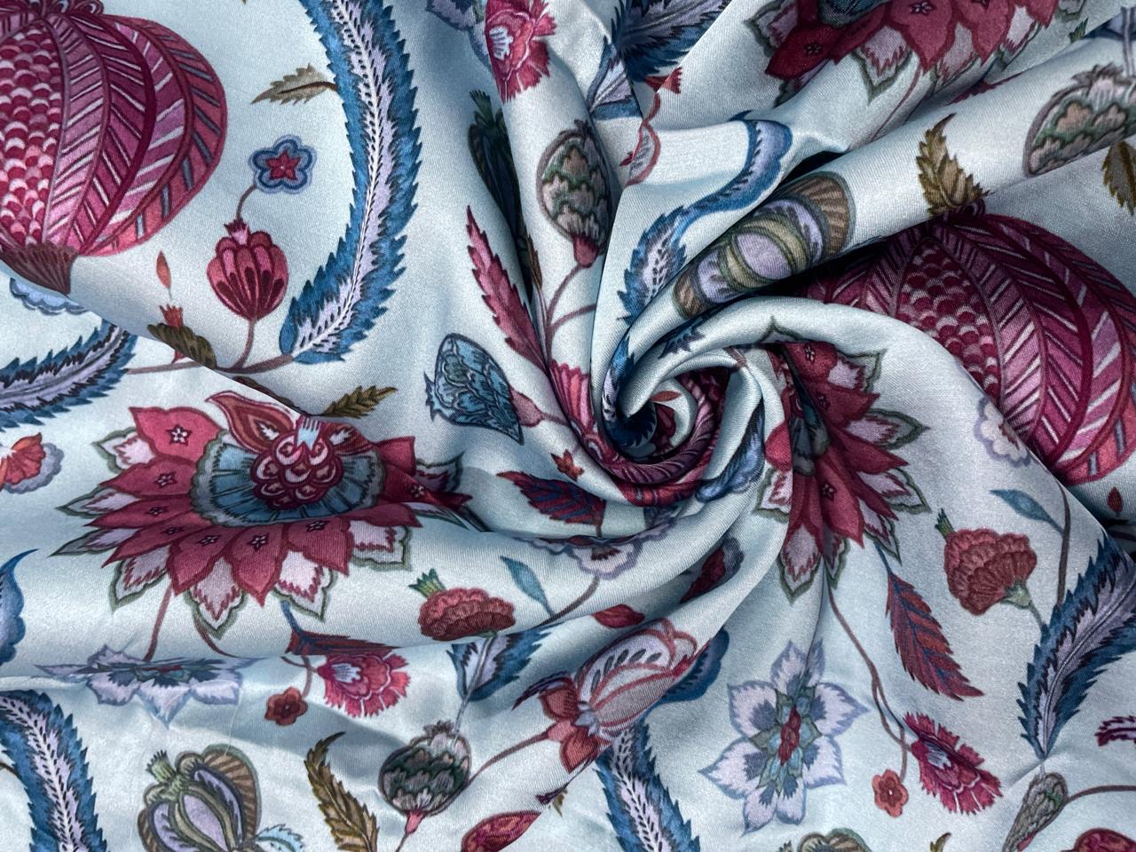 Sky Blue Floral Modal Satin Fabric KTEX