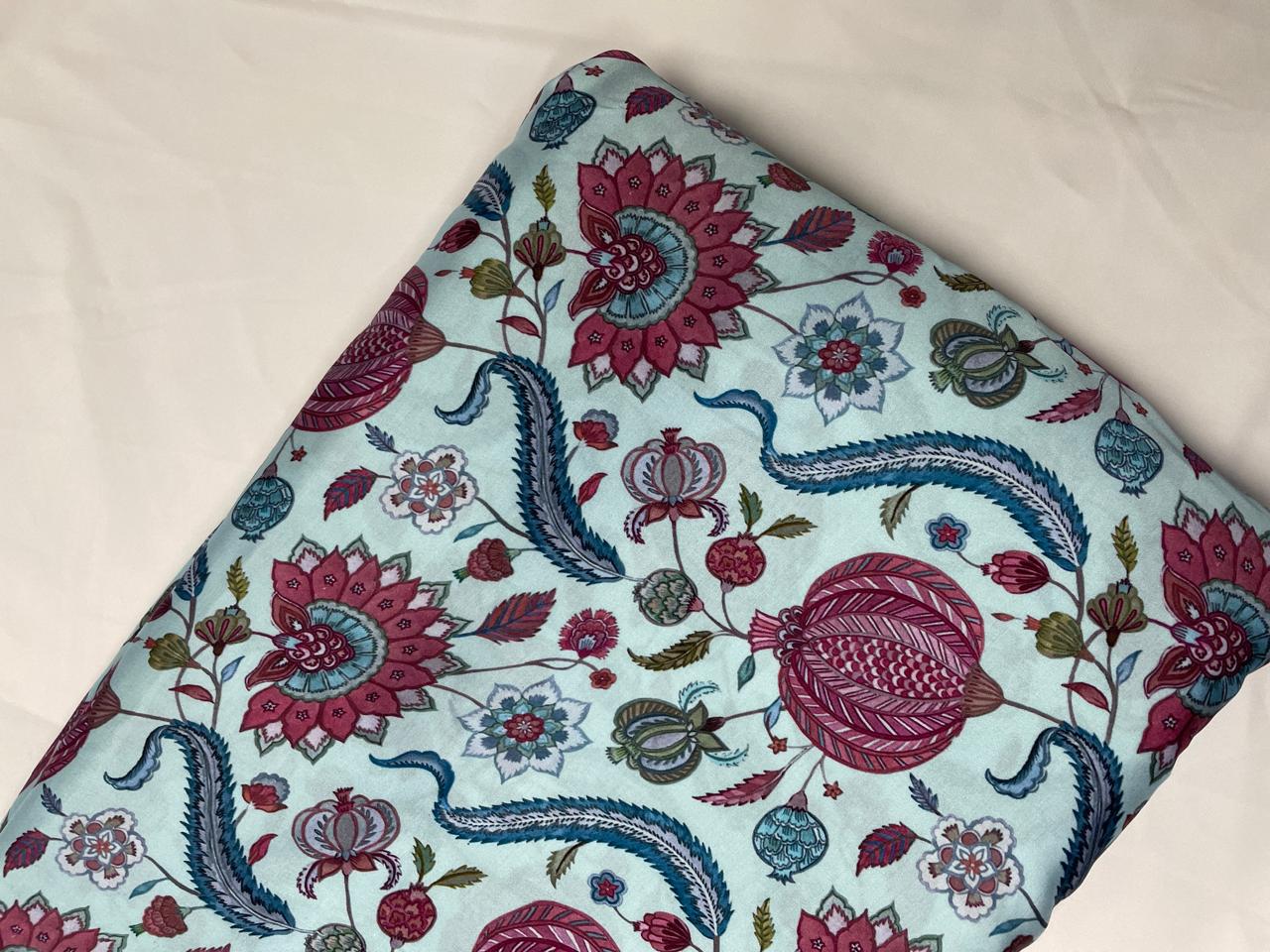 Sky Blue Floral Modal Satin Fabric KTEX