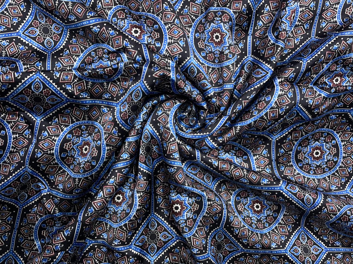 Black & Blue Geometric Modal Satin Fabric
