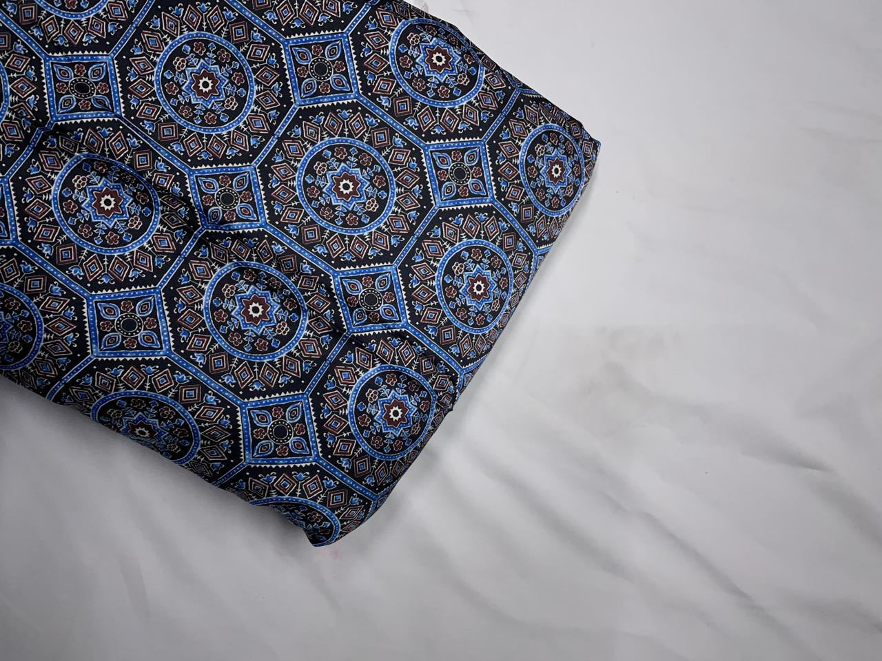 Black Blue Geometric Modal Satin Fabric KTEX