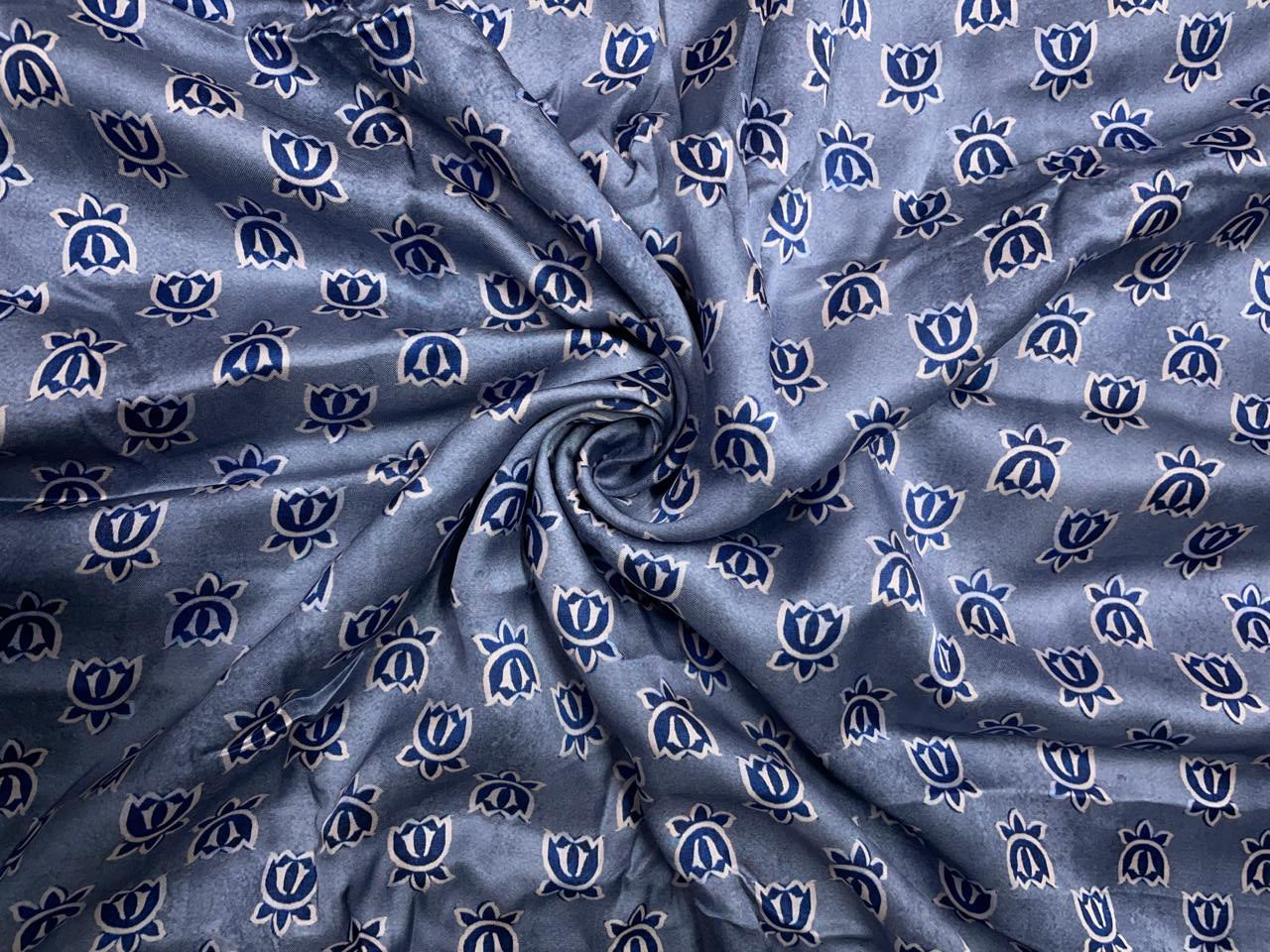 Grey Blue Lotus Floral Modal Satin Fabric KTEX
