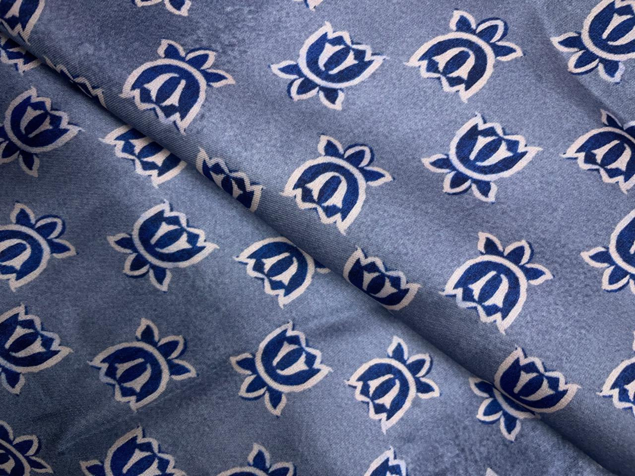 Grey Blue Lotus Floral Modal Satin Fabric KTEX