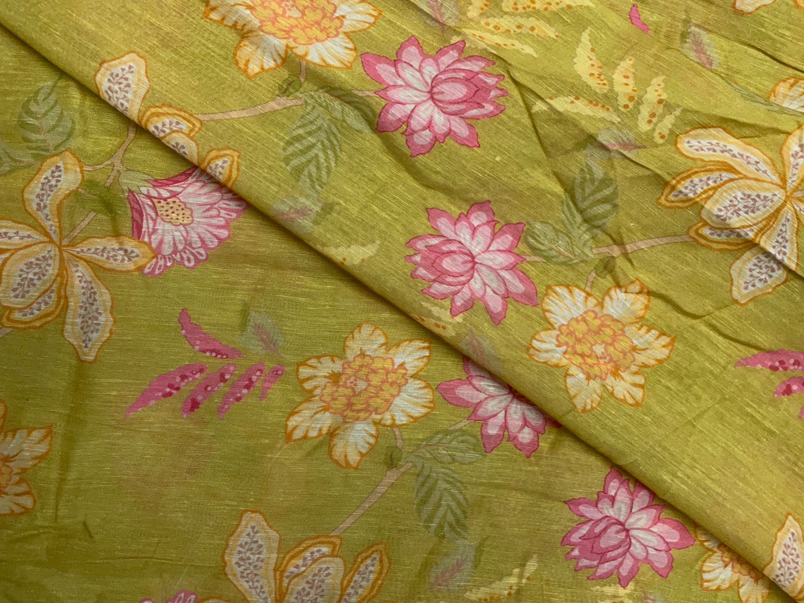 Yellow Floral Linen Organza Fabric KTEX