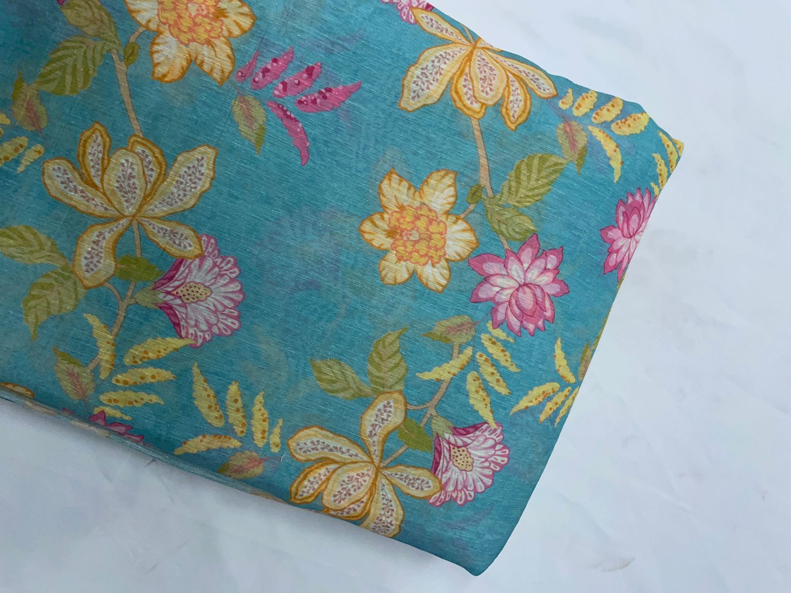 Sky Blue Floral Linen Organza Fabric KTEX