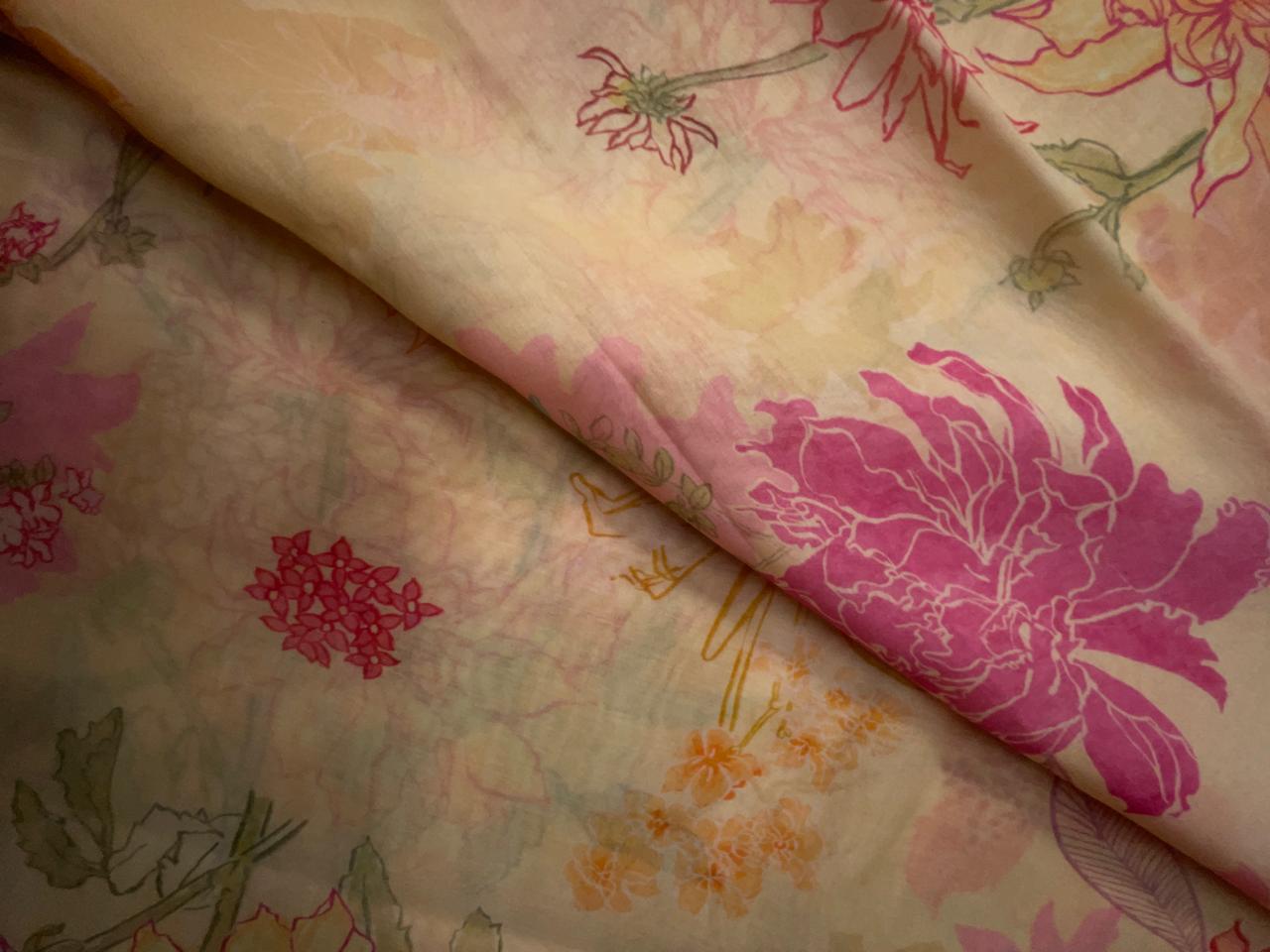 Peach Floral Pure Chanderi Fabric KTEX