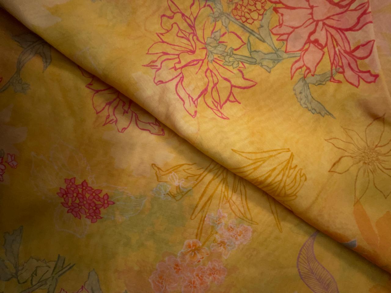 Yellow Floral Pure Chanderi Fabric KTEX