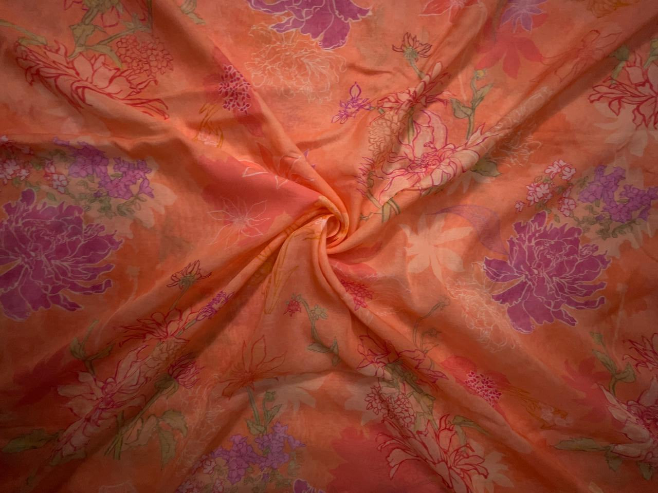 Light Orange Floral Pure Chanderi Fabric KTEX