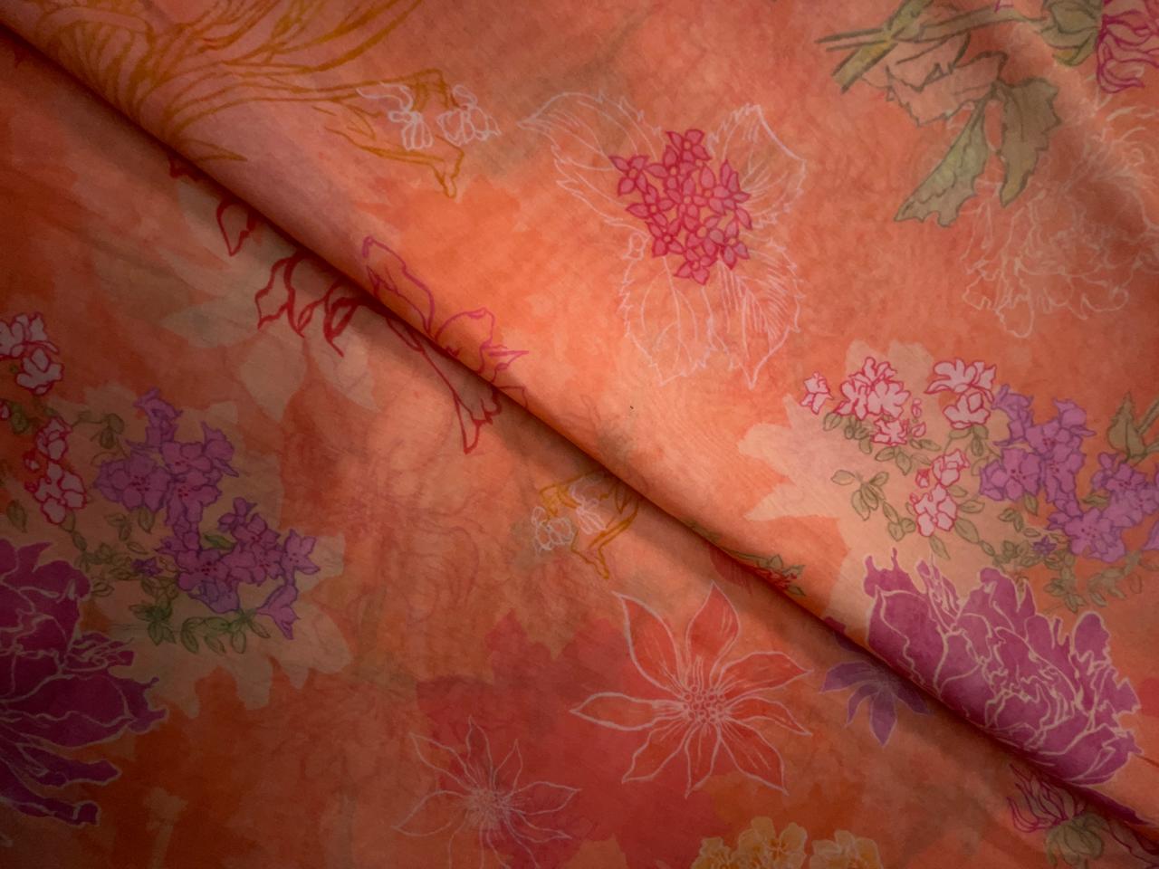 Light Orange Floral Pure Chanderi Fabric KTEX