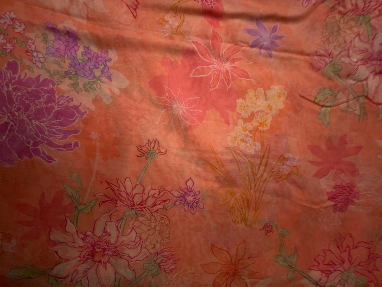 Light Orange Floral Pure Chanderi Fabric KTEX