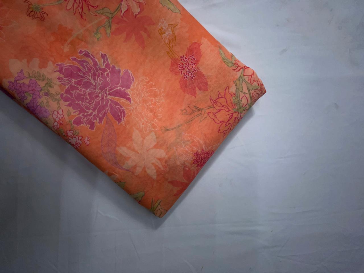 Light Orange Floral Pure Chanderi Fabric KTEX