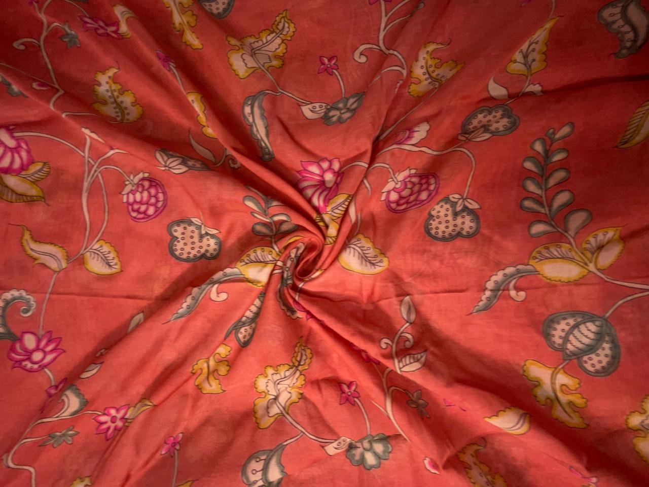 Dark Orange Floral Pure Chanderi Fabric KTEX
