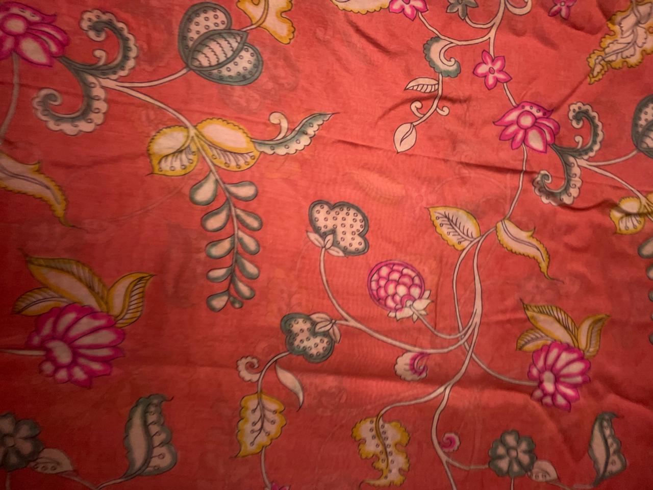 Dark Orange Floral Pure Chanderi Fabric KTEX