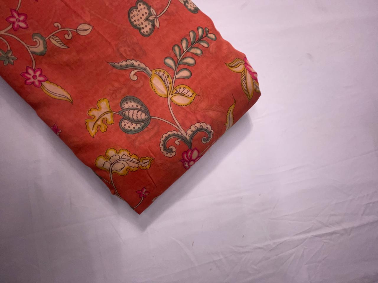 Dark Orange Floral Pure Chanderi Fabric KTEX