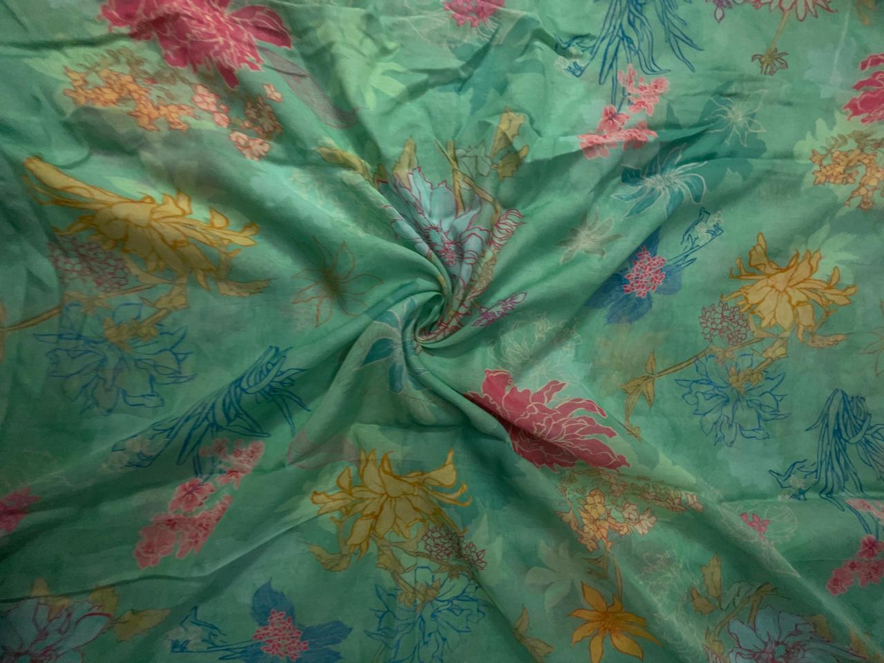 Sea Green Floral Pure Chanderi Fabric KTEX
