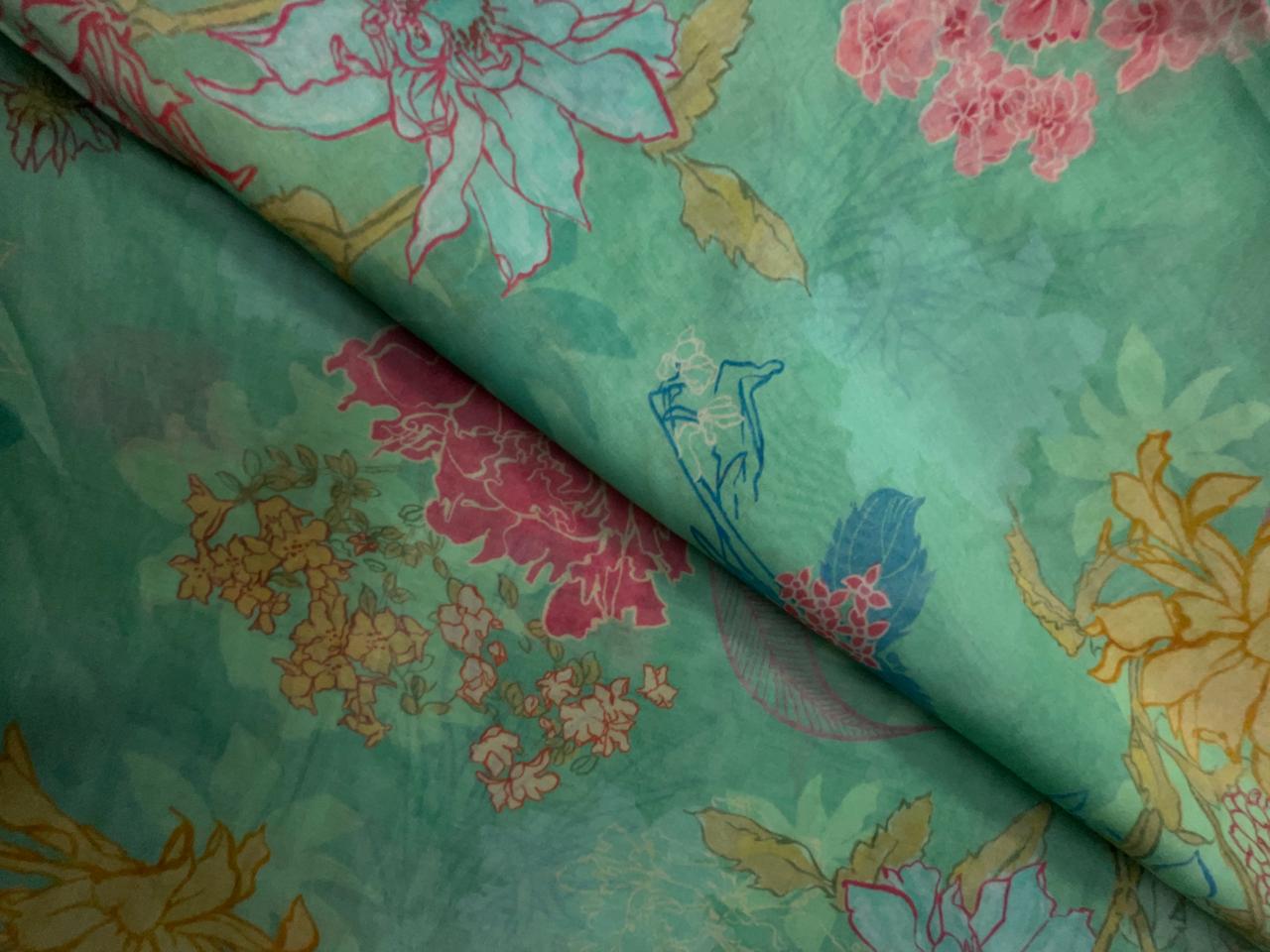 Sea Green Floral Pure Chanderi Fabric KTEX