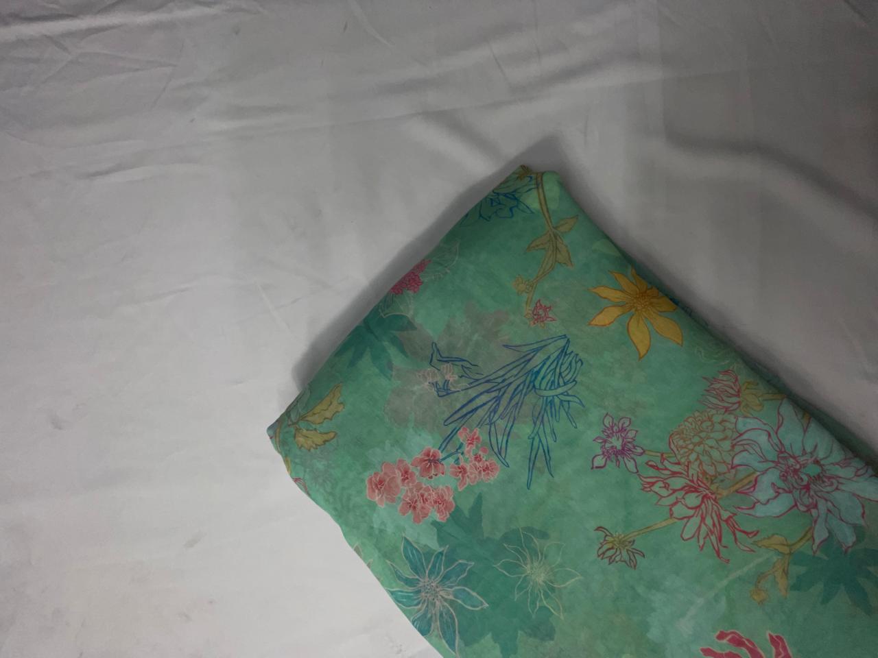 Sea Green Floral Pure Chanderi Fabric KTEX