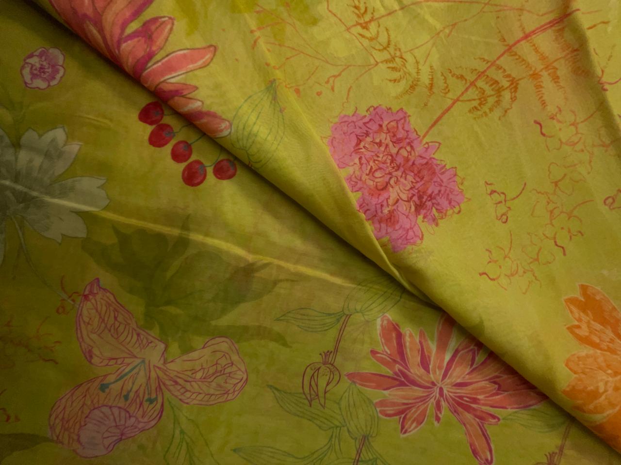 Light Yellow Floral Pure Chanderi Fabric KTEX