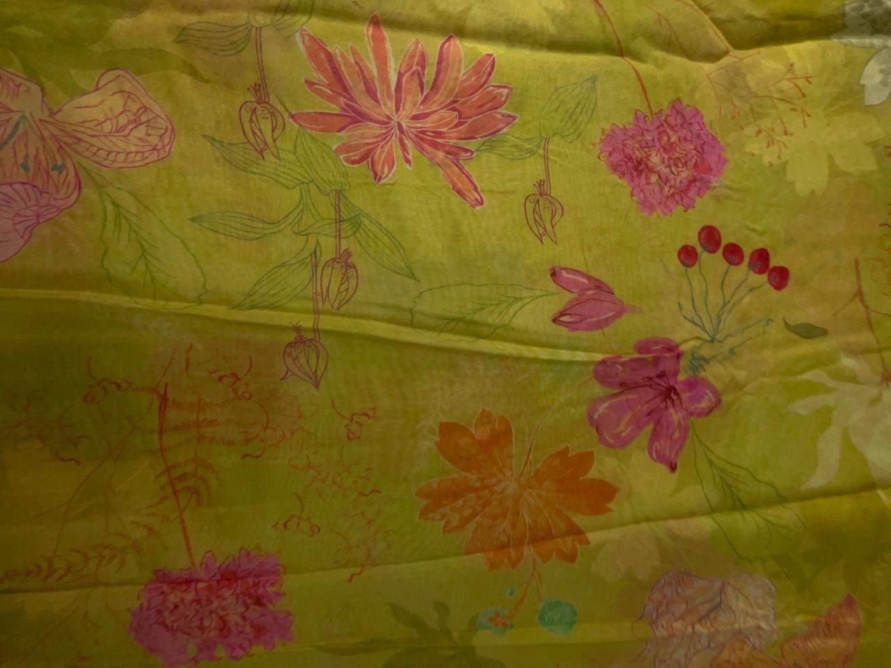 Light Yellow Floral Pure Chanderi Fabric KTEX