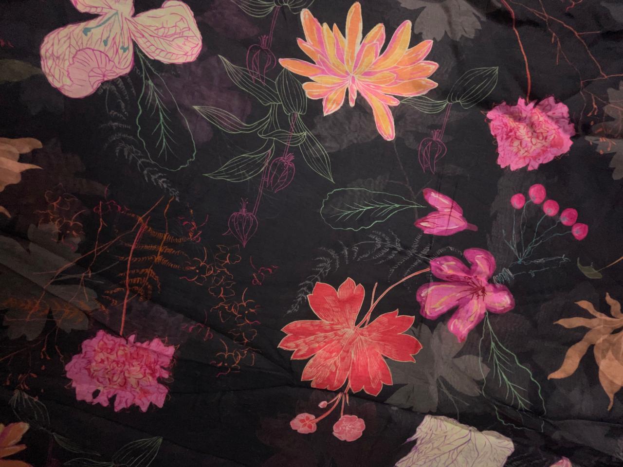 Black Floral Pure Chanderi Fabric KTEX
