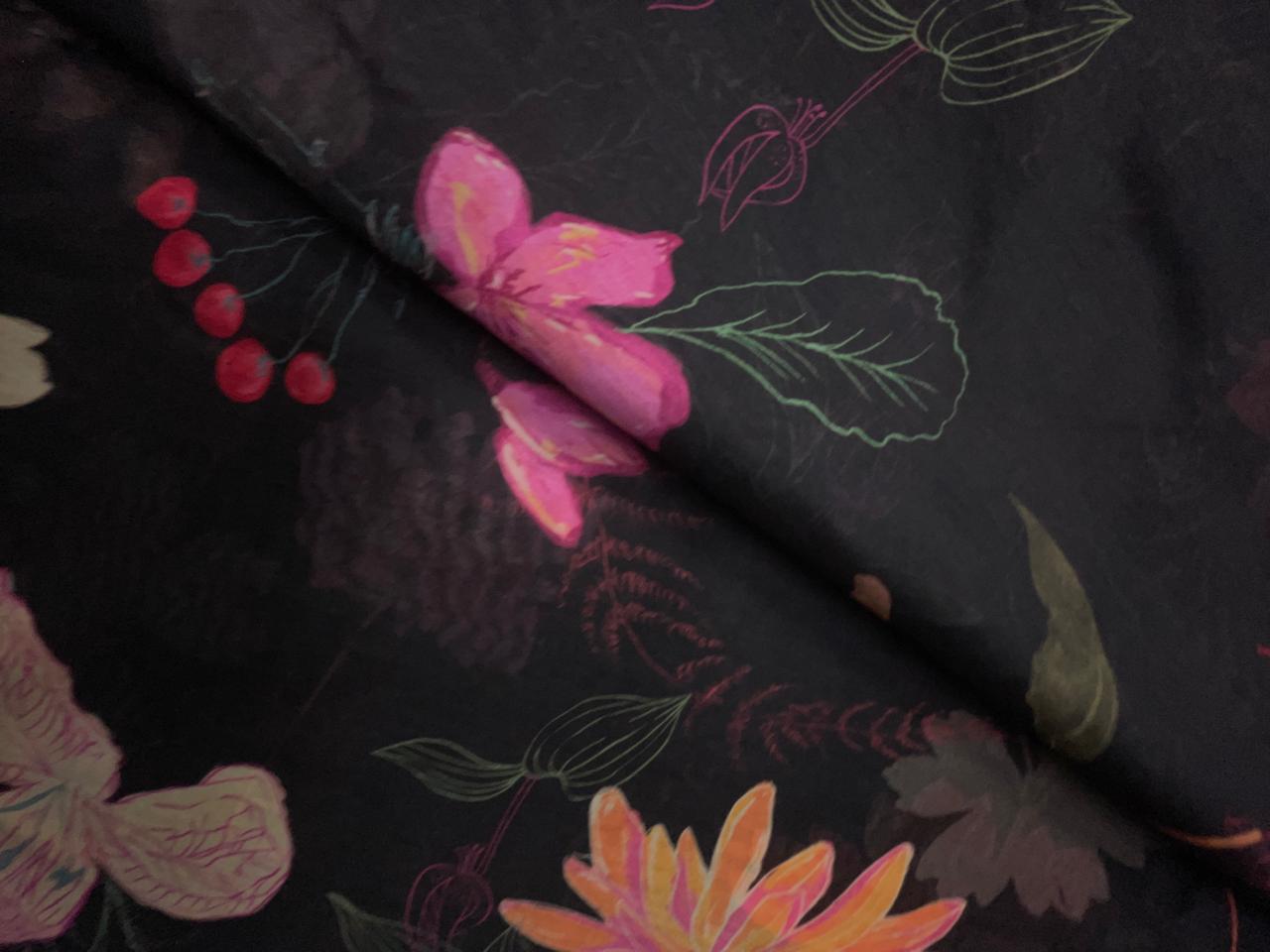 Black Floral Pure Chanderi Fabric KTEX