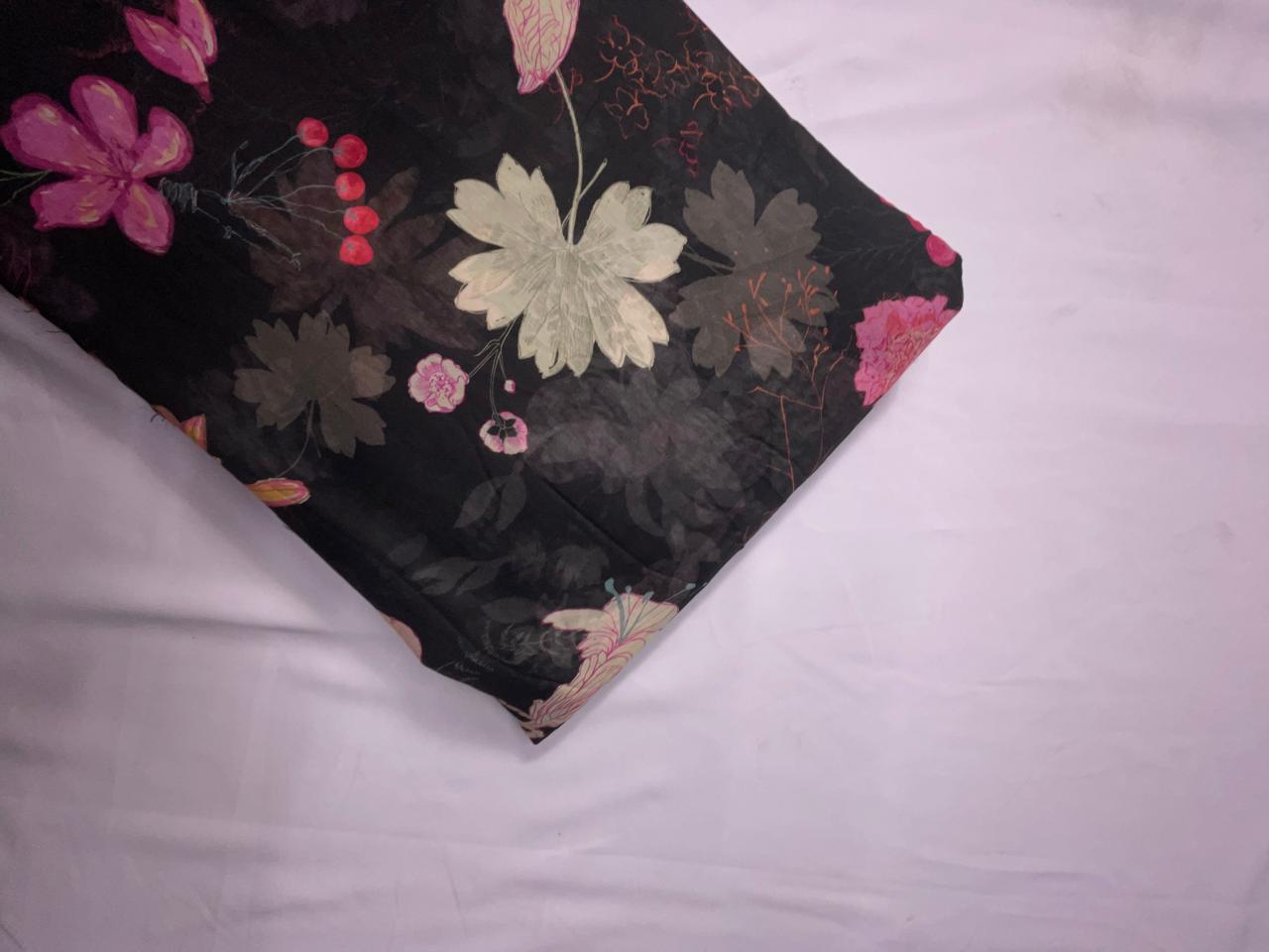 Black Floral Pure Chanderi Fabric KTEX