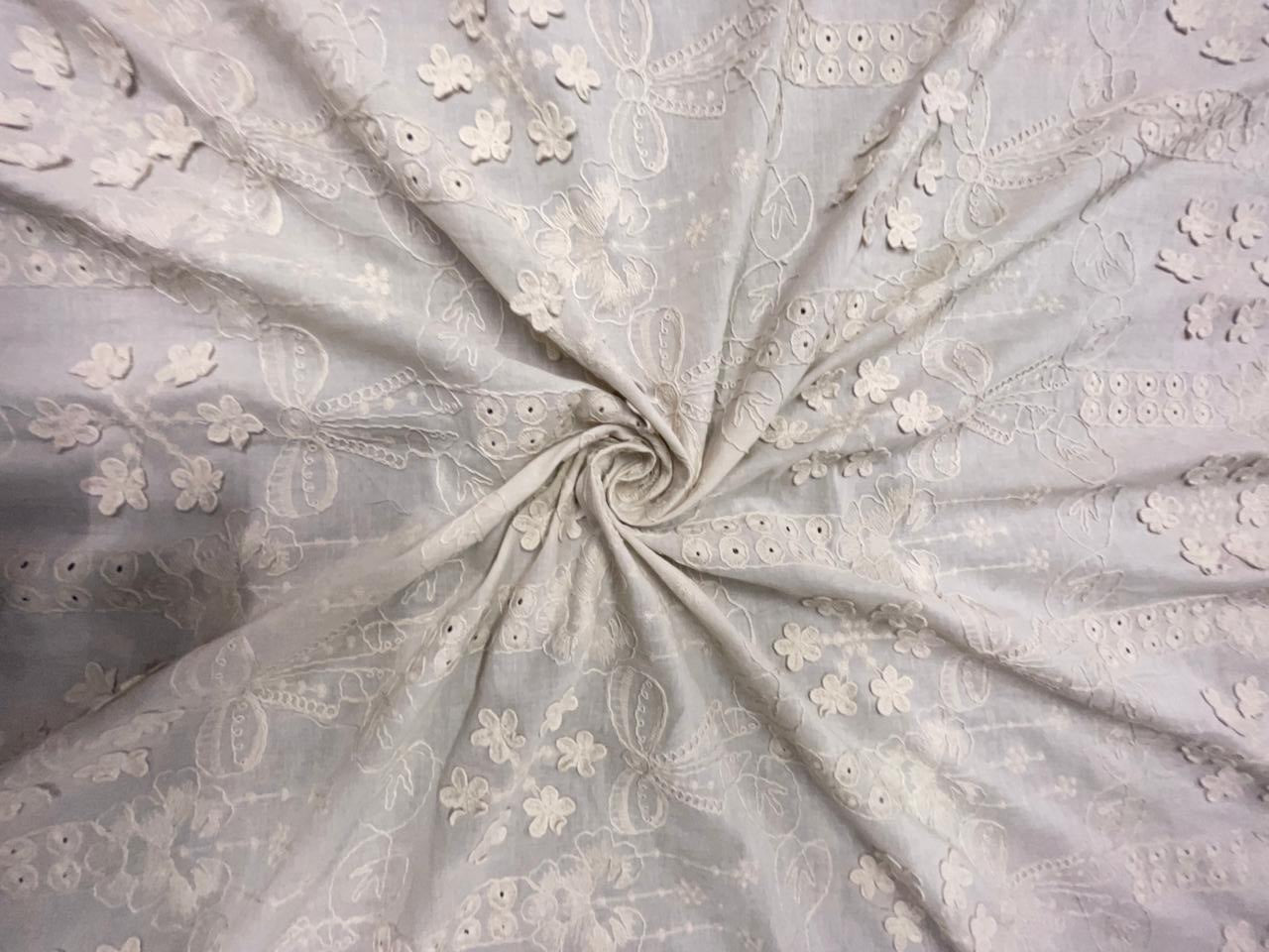 Beige Floral 3D Cotton Embroidery Fabric KTEX