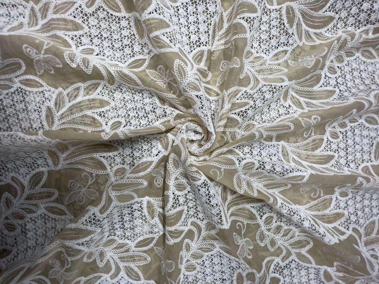Beige Floral Tencel Prada Embroidery Fabric KTEX