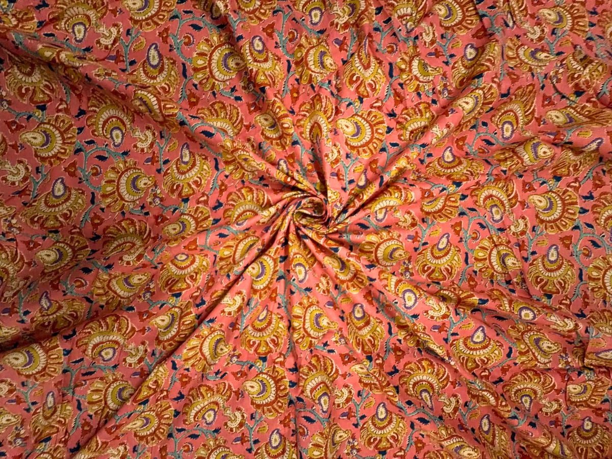 Peach Floral Cotton Cambric Fabric KTEX