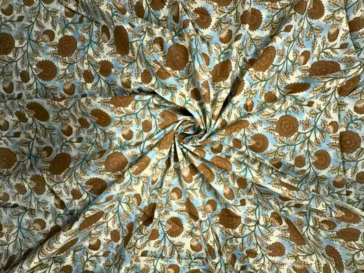 Sky Blue Brown Cotton Cambric Fabric KTEX