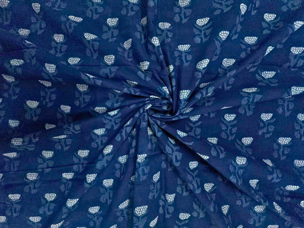 Indigo Floral Cotton Cambric Fabric KTEX