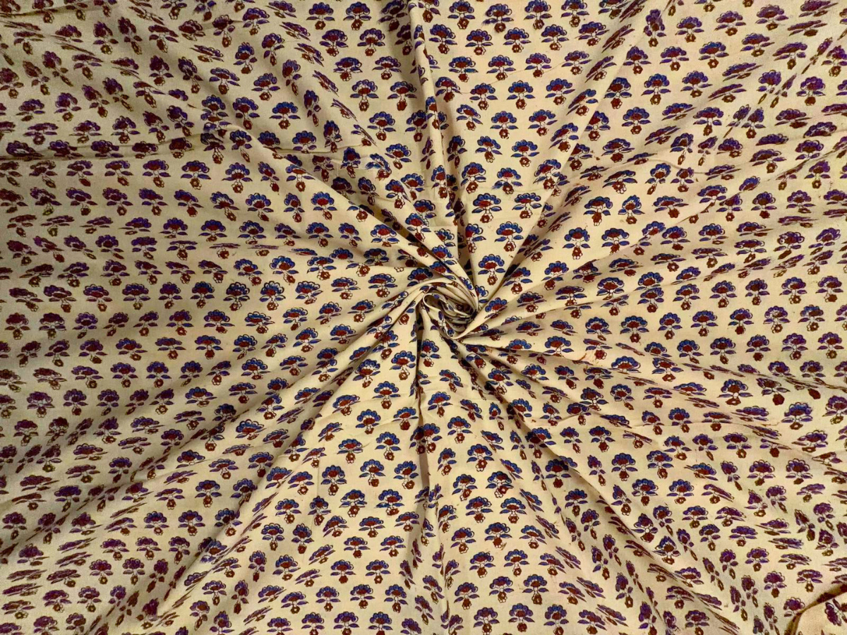 Cream & Blue Floral Cotton Cambric Fabric KTEX