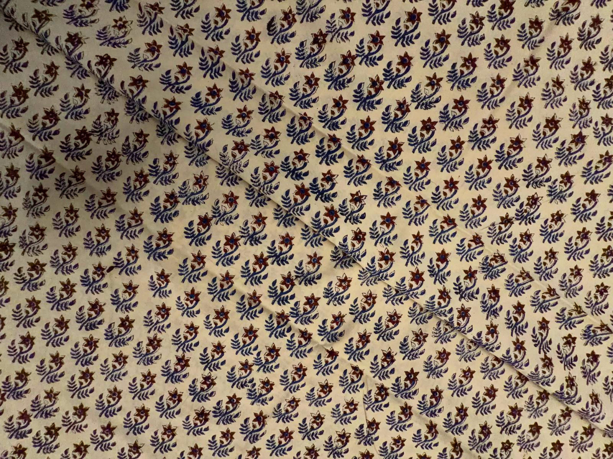 Cream & Blue Floral Cotton Cambric Fabric KTEX