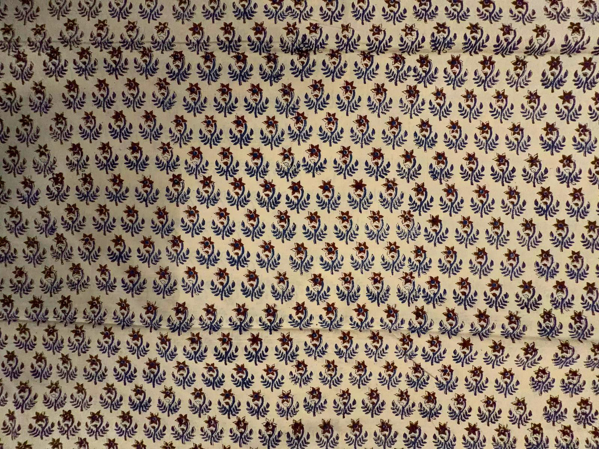 Cream & Blue Floral Cotton Cambric Fabric KTEX