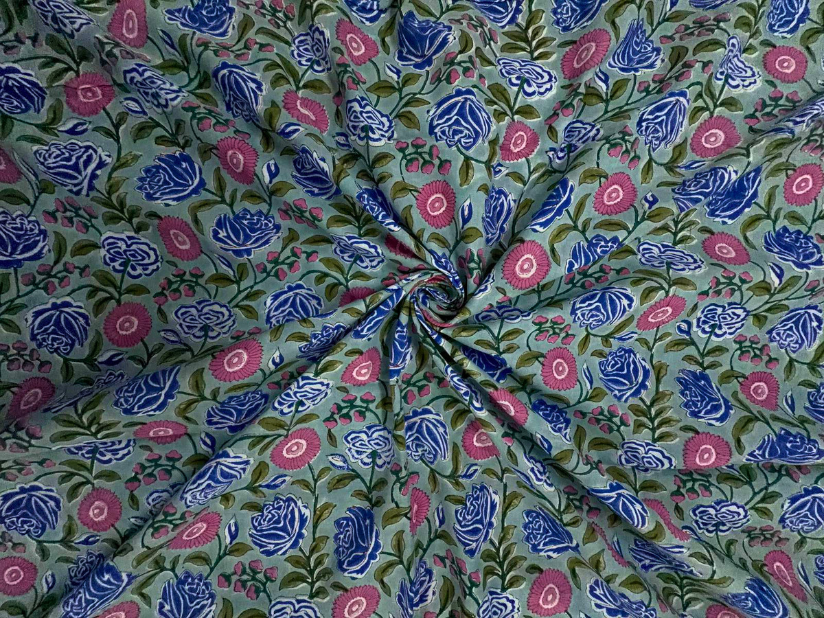 Sky Blue Floral cotton Cambric Rapid Fabric KTEX