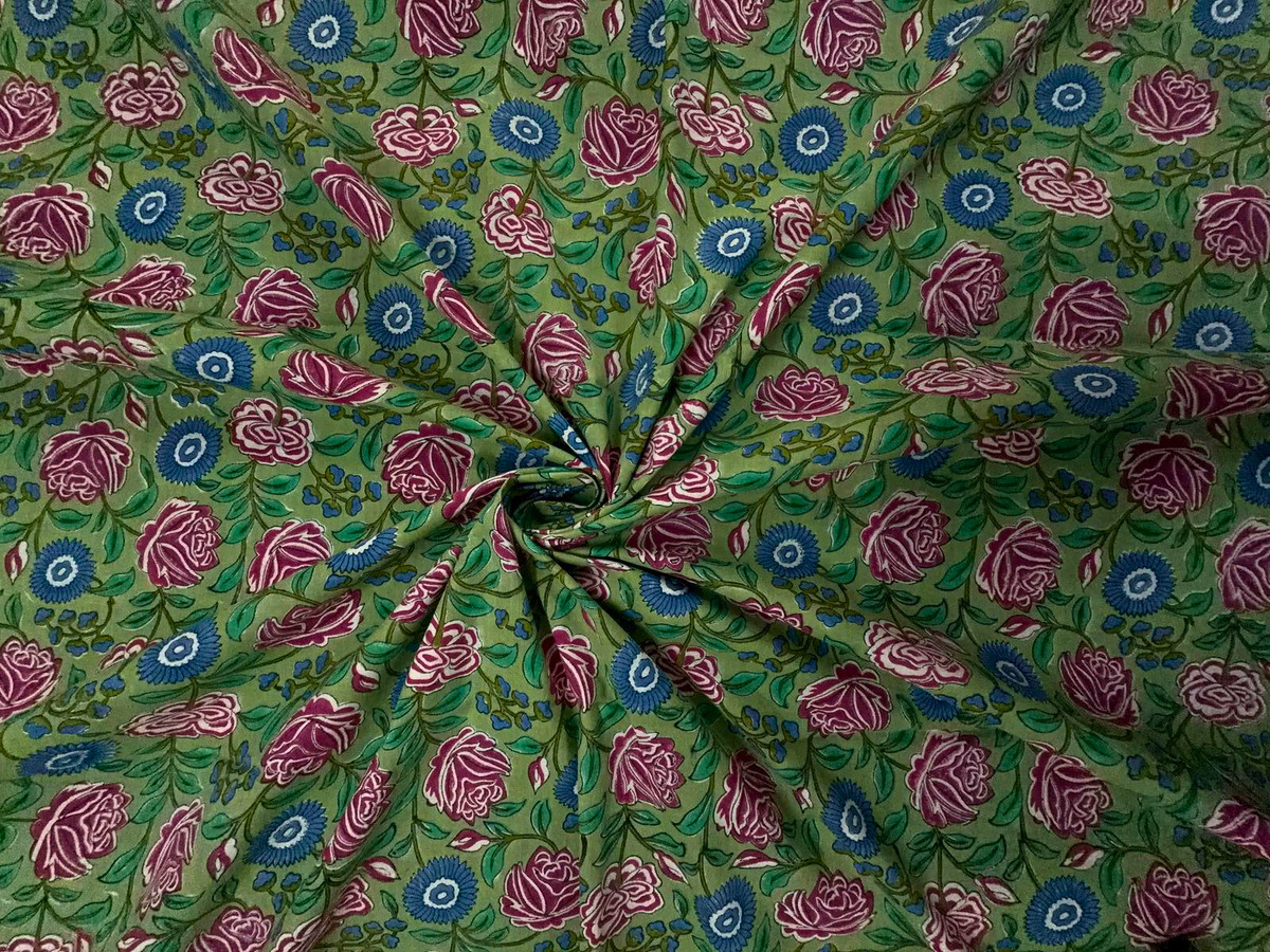 Green Floral Cotton Cambric Rapid Fabric KTEX