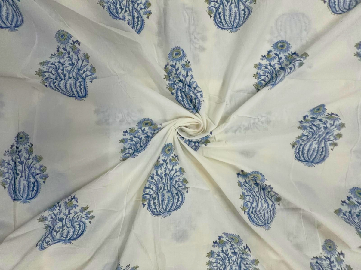 White & Blue Floral Cotton Cambric Fabric KTEX