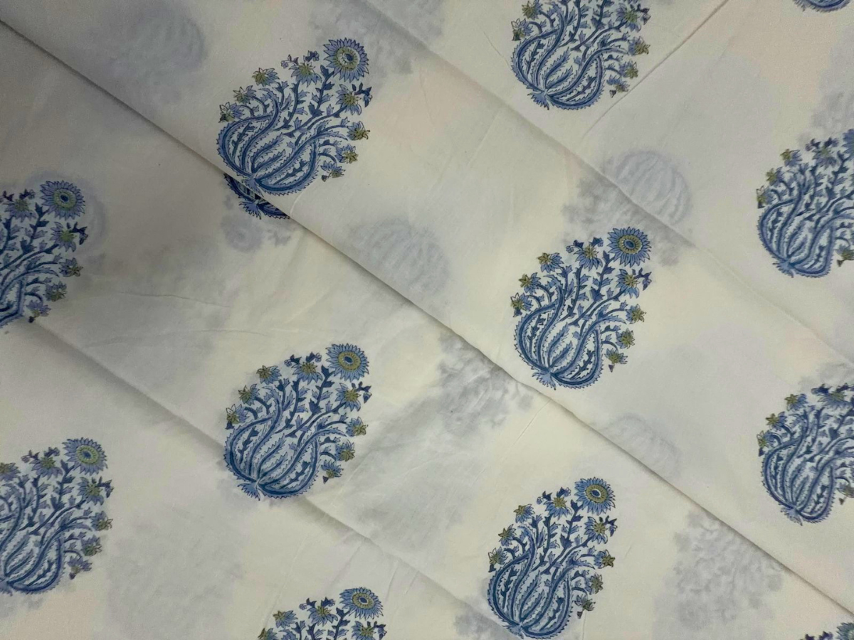 White & Blue Floral Cotton Cambric Fabric KTEX