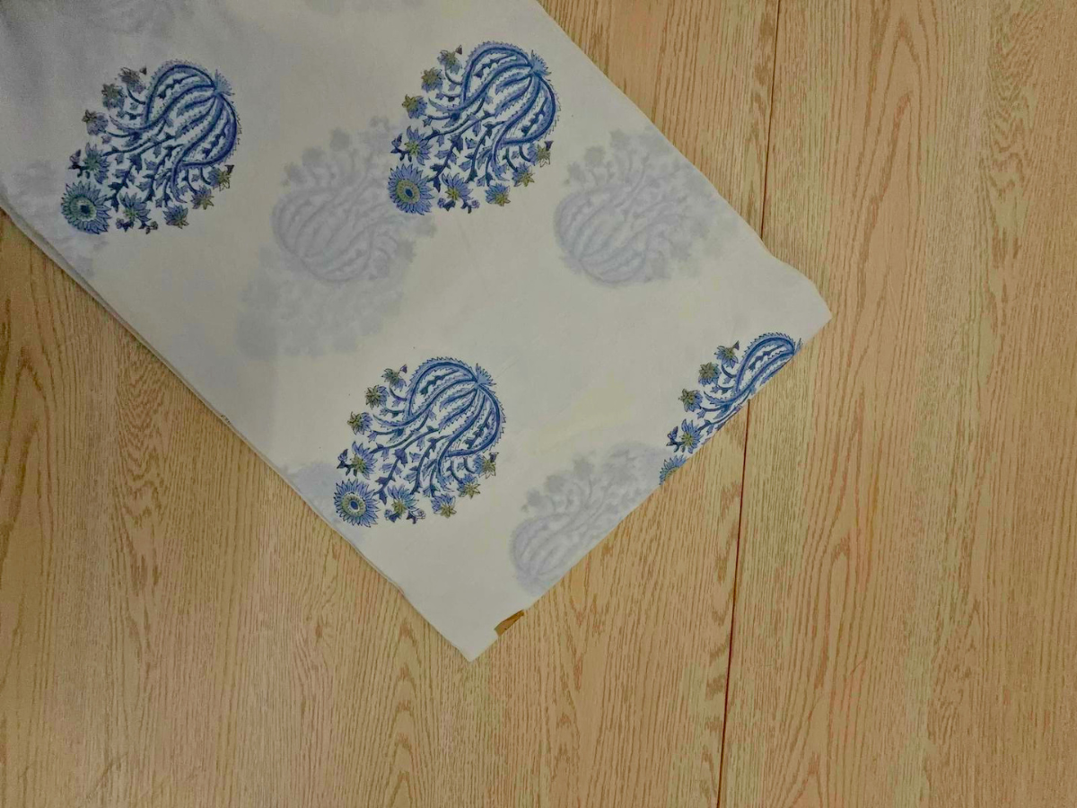 White & Blue Floral Cotton Cambric Fabric KTEX