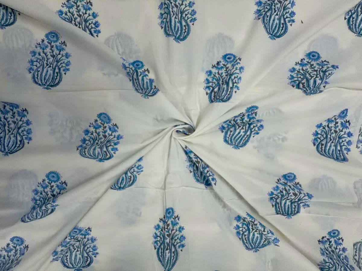 White & Sky Blue Floral Cotton Cambric Fabric KTEX