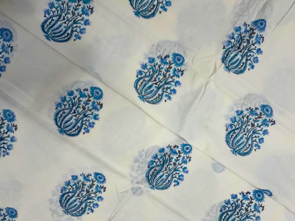 White & Sky Blue Floral Cotton Cambric Fabric KTEX